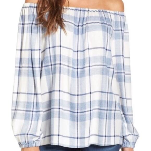Two  Vince Camuto Petite XS Madras Plaid Off The Shoulder Long Sleeve Blouse - Picture 1 of 8